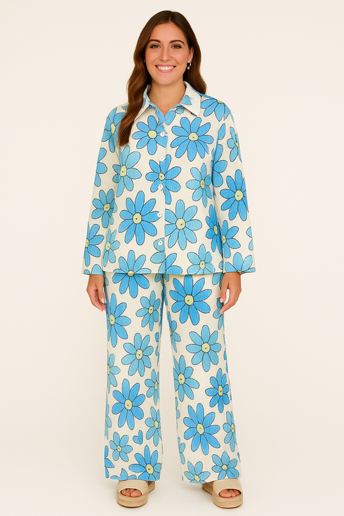 'Aisling' Flower Print Button Down Shirt and Pants Set - Celes Fashion